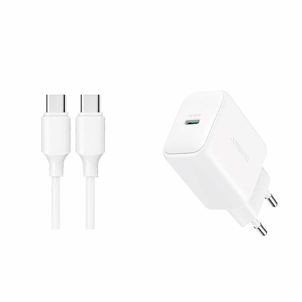 Захранване за ел. мрежа с USB-C изход с технология за бързо зареждане и USB-C към USB-C кабел (бял) - Joyroom USB-C PD 20W Wall Charger and USB-C Cable | JAR Computers Захранване за ел. мрежа с USB-C изход с технология за бързо зареждане и USB-C към USB-C кабел (бял) - Joyroom USB-C PD 20W Wall Charger and USB-C Cable