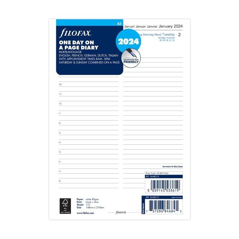 Filofax Пълнител за органайзер Classic, А5, за 2024 година, 1 ден на страница | JAR Computers Filofax Пълнител за органайзер Classic, А5, за 2024 година, 1 ден на страница