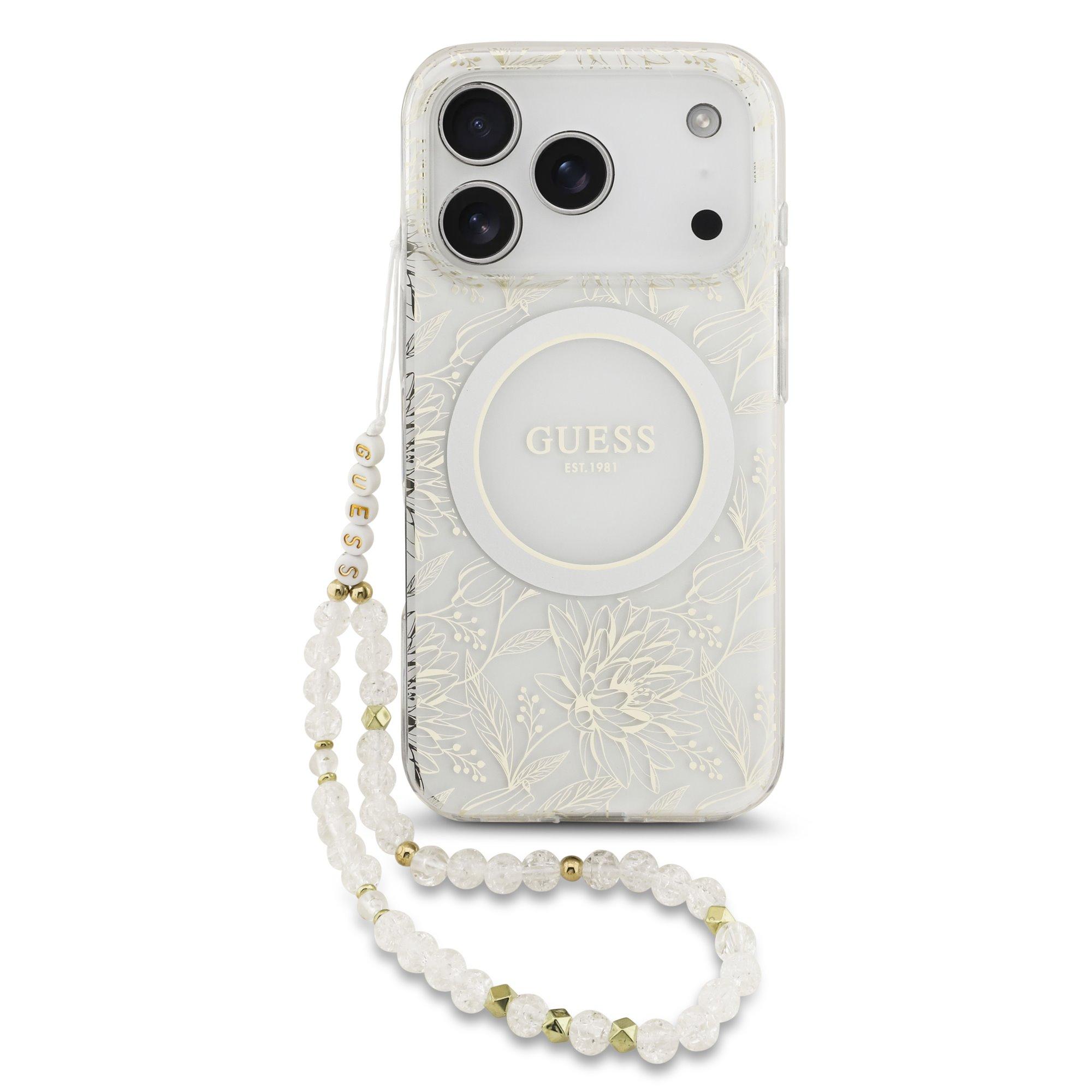 GUESS Калъф Apple iPhone 17 Pro, IML Flowers Allover MagSafe + Wrist Strap, бял - GUHMP17XHCPOFPH | JAR Computers GUESS Калъф Apple iPhone 17 Pro, IML Flowers Allover MagSafe + Wrist Strap, бял - GUHMP17XHCPOFPH