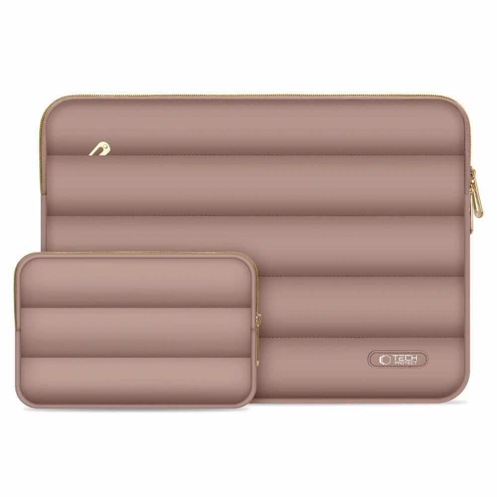 Tech-Protect Puffy Laptop Sleeve and Accessories Bag 14 - елегантен калъф и органайзер за аксесоари за MacBook 13, MacBook 14 и лаптопи до 14 инча (кафяв)