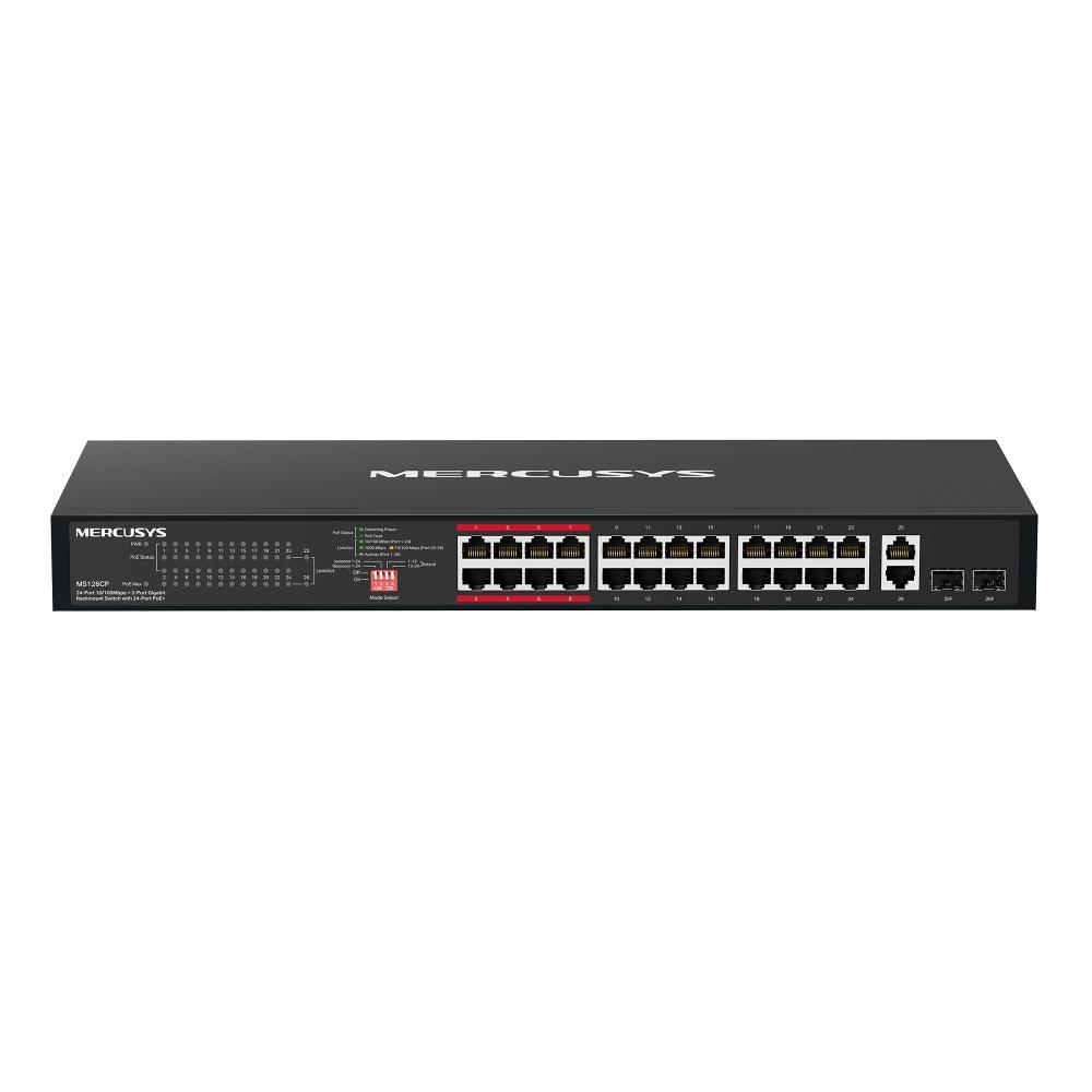24-портов 10/100 Mbps + 2-портов Gigabit Rackmount комутатор с 24 PoE+ порта Mercusys MS126CP