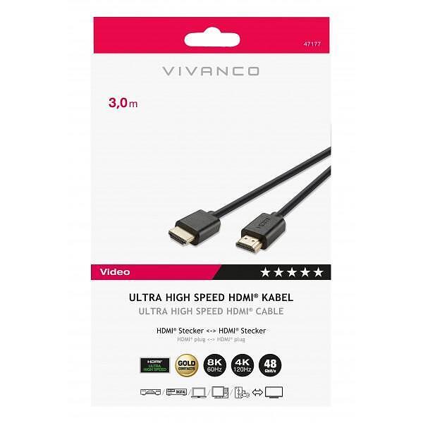Кабел Vivanco 47177 Ultra High-speed HDMI позлатен, 8k HDR 3m | JAR Computers Кабел Vivanco 47177 Ultra High-speed HDMI позлатен, 8k HDR 3m