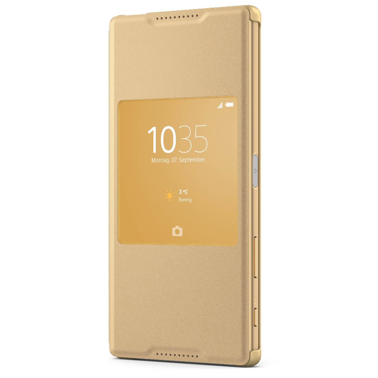 Оригинален кожен кейс и поставка за Xperia Z5 Premium - Sony Flip Case Smart Style Cover SCR46 (златист) | JAR Computers Оригинален кожен кейс и поставка за Xperia Z5 Premium - Sony Flip Case Smart Style Cover SCR46 (златист)