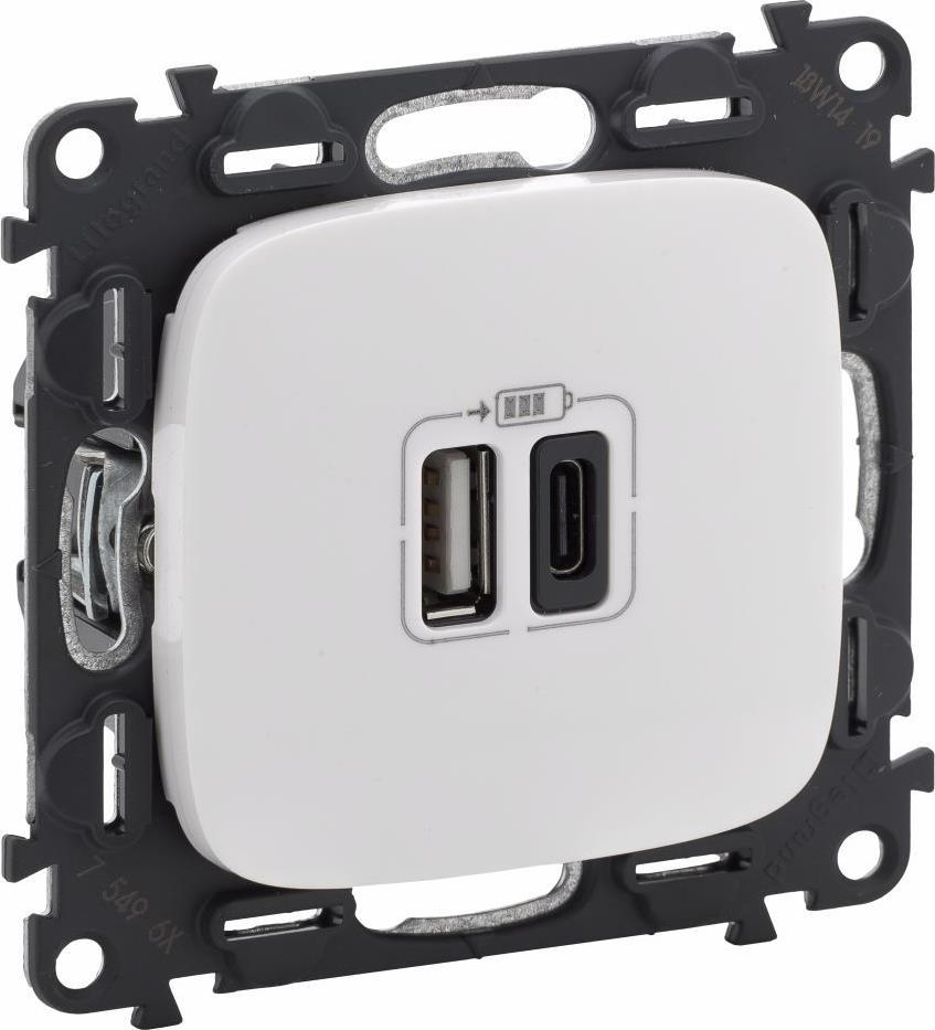 Розетка 2хUSB за зареждане тип A+C 3A 15W цвят Бял Valena Allure (комплект с механизъм) Legrand | JAR Computers Розетка 2хUSB за зареждане тип A+C 3A 15W цвят Бял Valena Allure (комплект с механизъм) Legrand
