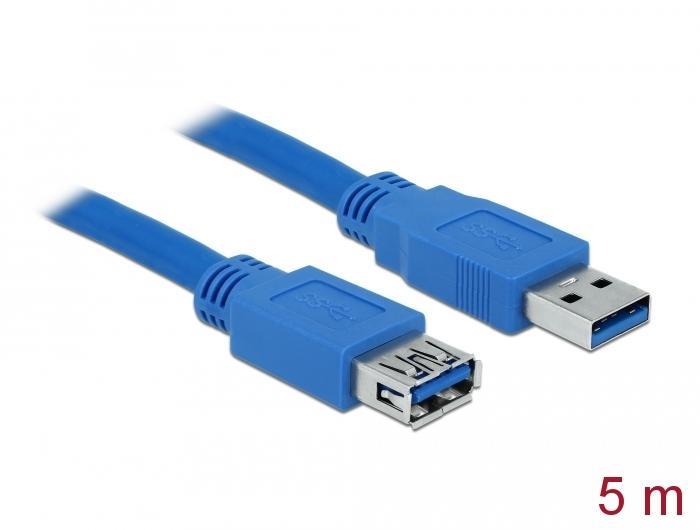 Удължителен кабел Delock USB-A мъжко - USB-А женско, 5 м, Екраниран, Син | JAR Computers Удължителен кабел Delock USB-A мъжко - USB-А женско, 5 м, Екраниран, Син