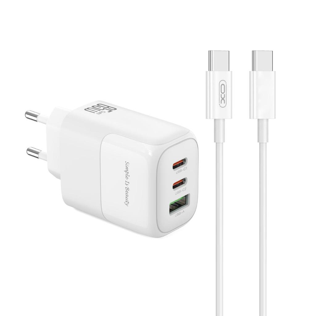 XO 220V 65W, USB-A + 2xUSB-C, кабел C-C, GaN Nitride, бял - L139 | JAR Computers XO 220V 65W, USB-A + 2xUSB-C, кабел C-C, GaN Nitride, бял - L139