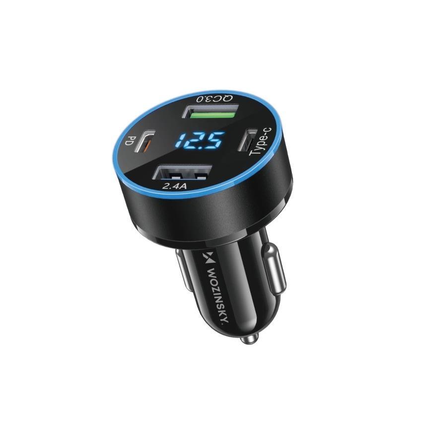 Зарядно за кола с 2xUSB-C и 2xUSB-A изходи с технология за бързо зареждане - Wozinsky WDCCB Four Port Digital Display Quick Car Charger 50W (черен) | JAR Computers Зарядно за кола с 2xUSB-C и 2xUSB-A изходи с технология за бързо зареждане - Wozinsky WDCCB Four Port Digital Display Quick Car Charger 50W (черен)