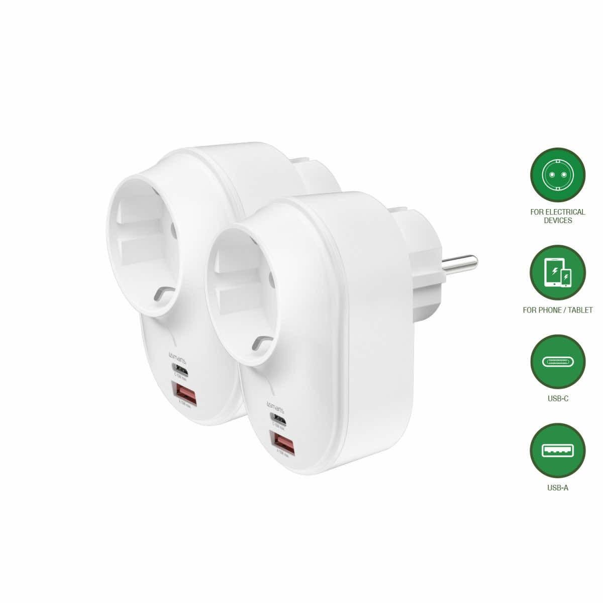 4smarts USB-C and USB-A Socket Adapter - 2 броя разклонители с AC изход и вградени USB-A и USB-C портове, за зареждане на мобилни устройства (бял)