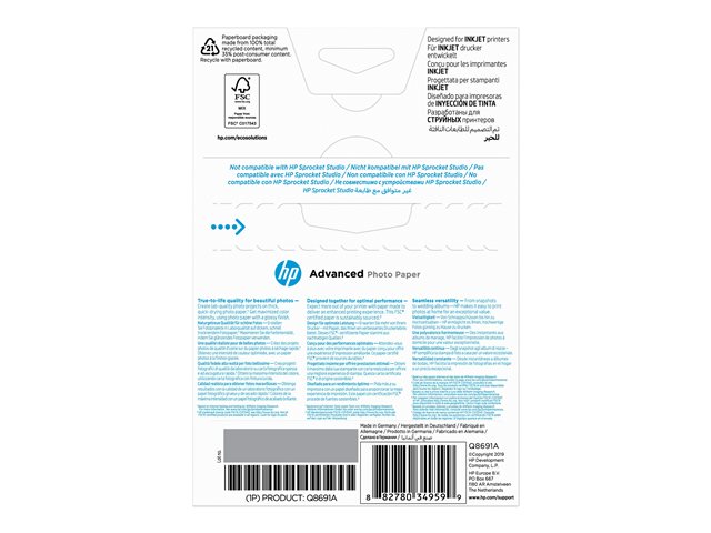 HP original Q8691A Advanced glossy photo paper Ink cartridge 250g/m2 100x150mm 25 sheets 1-pack borderless