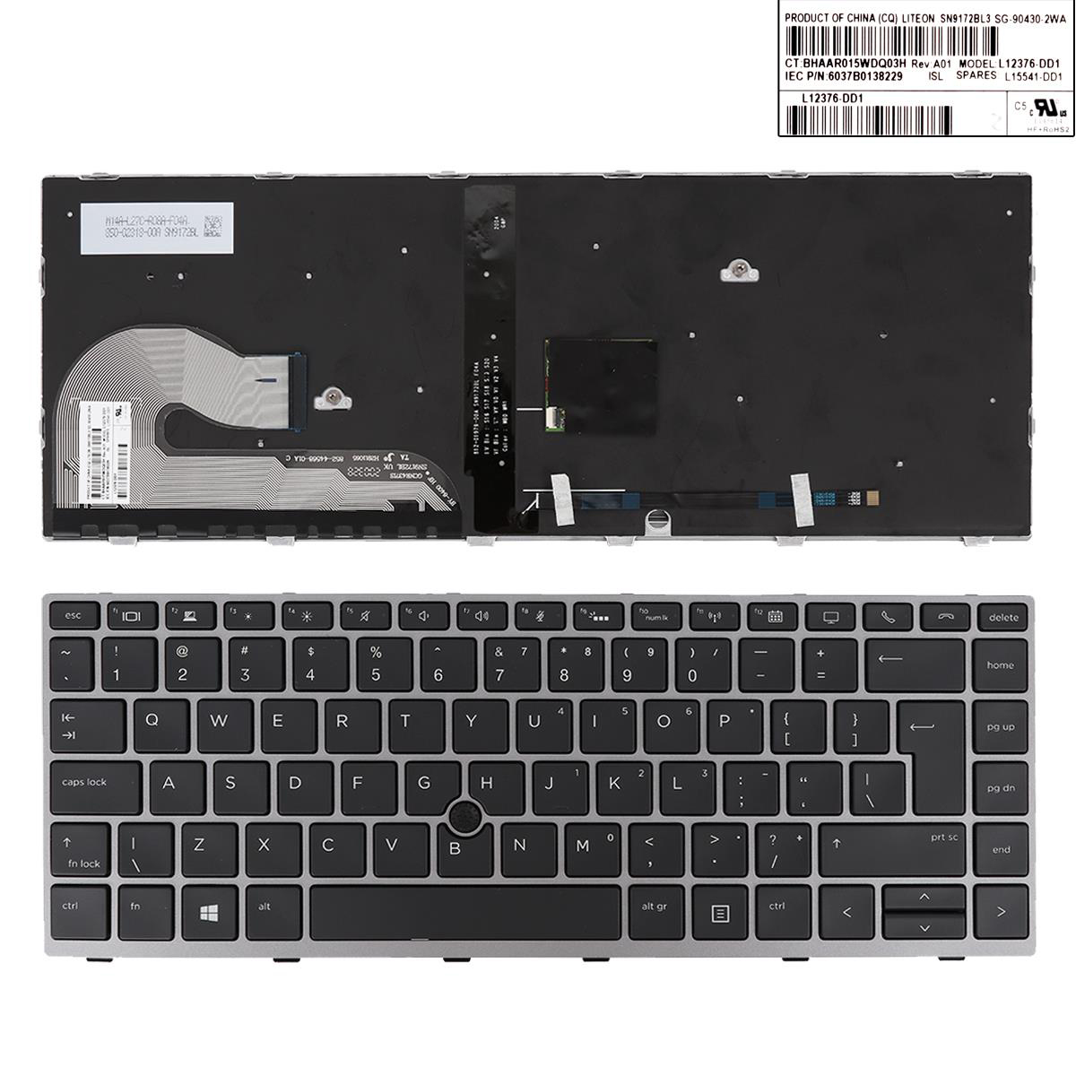 Клавиатура за лаптоп HP EliteBook 840 G5 Черна със Сива Рамка Пойнтинг Стик, Подсветка | JAR Computers Клавиатура за лаптоп HP EliteBook 840 G5 Черна със Сива Рамка Пойнтинг Стик, Подсветка