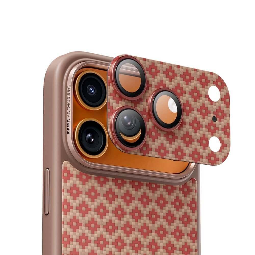 Предпазни стъклени лещи с цяла кевларна плочка за камерата на iPhone 17 Pro Max - Benks ArmorWarrior Aramid Lens Protector Tempered Glass (оранжев) | JAR Computers Предпазни стъклени лещи с цяла кевларна плочка за камерата на iPhone 17 Pro Max - Benks ArmorWarrior Aramid Lens Protector Tempered Glass (оранжев)