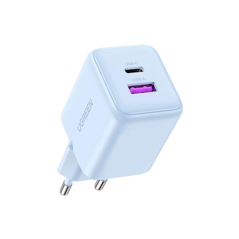 Захранване за ел. мрежа с USB-A и USB-C изходи с технология за бързо зареждане - Ugreen X516 GaN Fast Wall Charger 30W (син) | JAR Computers Захранване за ел. мрежа с USB-A и USB-C изходи с технология за бързо зареждане - Ugreen X516 GaN Fast Wall Charger 30W (син)