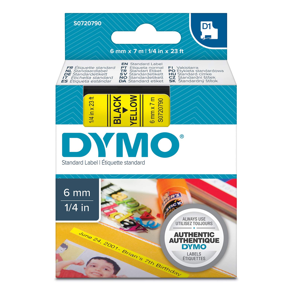 DYMO D1 43618 TAPE 6mmx7m BLACK ON YELLOW