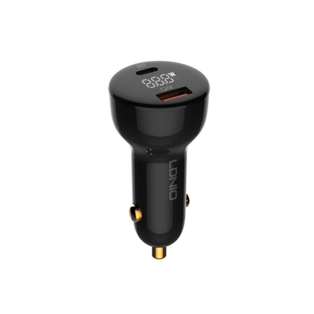 LDNIO Digital Display Dual Quick Car Charger 100W - зарядно за кола с USB-A и USB-C изходи с технология за бързо зареждане и USB-C към Lightning кабел (черен)