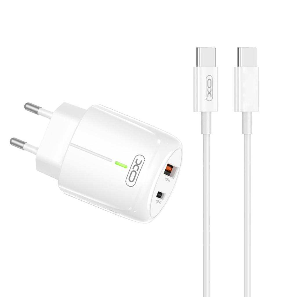 XO 220V 20W, USB-A + USB-C, кабел C-C, бял - L114 | JAR Computers XO 220V 20W, USB-A + USB-C, кабел C-C, бял - L114