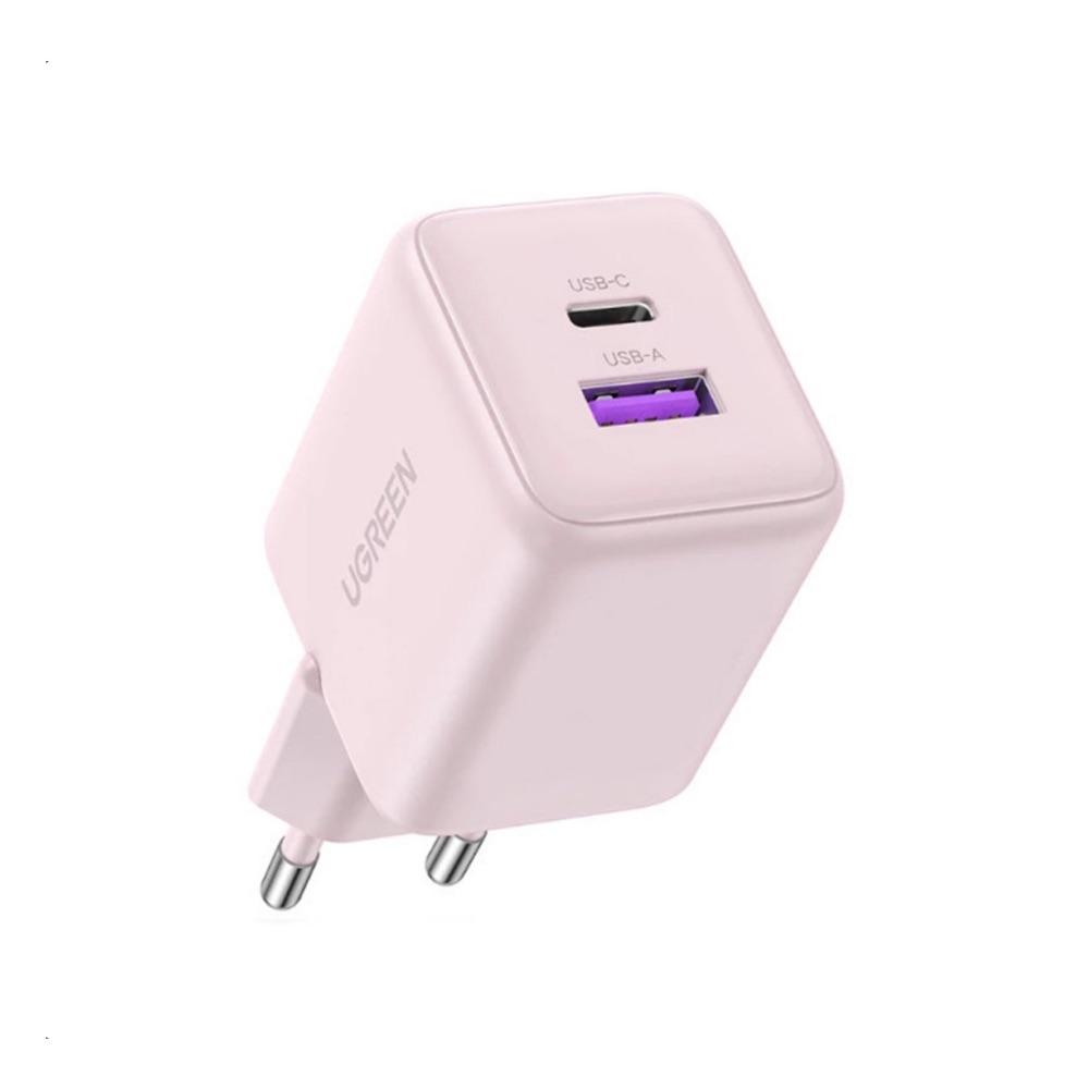 Захранване за ел. мрежа с USB-A и USB-C изходи с технология за бързо зареждане - Ugreen X516 GaN Fast Wall Charger 30W (розов) | JAR Computers Захранване за ел. мрежа с USB-A и USB-C изходи с технология за бързо зареждане - Ugreen X516 GaN Fast Wall Charger 30W (розов)