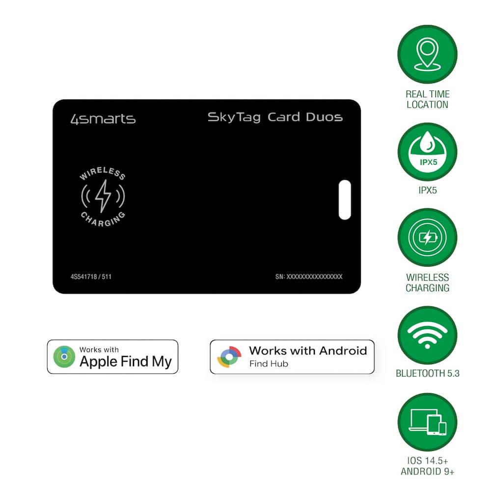 Устройство за намиране на изгубени вещи чрез Apple FindMy и Android Find Hub - 4smarts SkyTag Duos ReCharge Card Location Finder (черен) | JAR Computers Устройство за намиране на изгубени вещи чрез Apple FindMy и Android Find Hub - 4smarts SkyTag Duos ReCharge Card Location Finder (черен)
