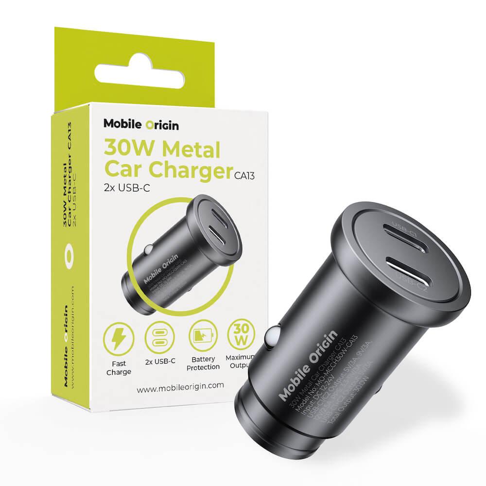 Зарядно за кола с 2xUSB-C изхода с технология за бързо зареждане - Mobile Origin CA13 Metal Quick Car Charger 30W (черен) | JAR Computers Зарядно за кола с 2xUSB-C изхода с технология за бързо зареждане - Mobile Origin CA13 Metal Quick Car Charger 30W (черен)