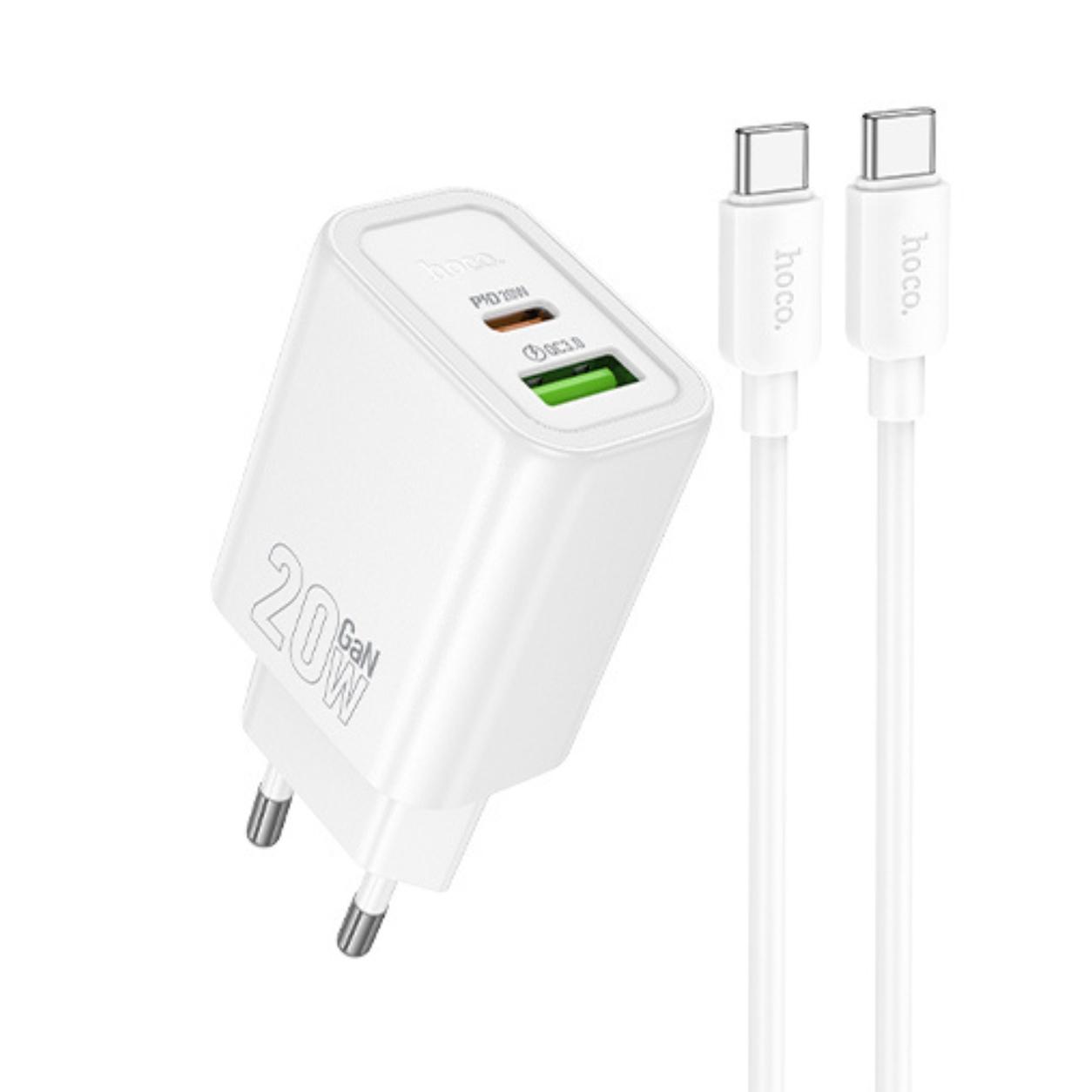 HOCO 220V 20W, GaN, USB-A + USB-C + кабел Type-C - Type-C, Gentle /бял/ - N61 | JAR Computers HOCO 220V 20W, GaN, USB-A + USB-C + кабел Type-C - Type-C, Gentle /бял/ - N61