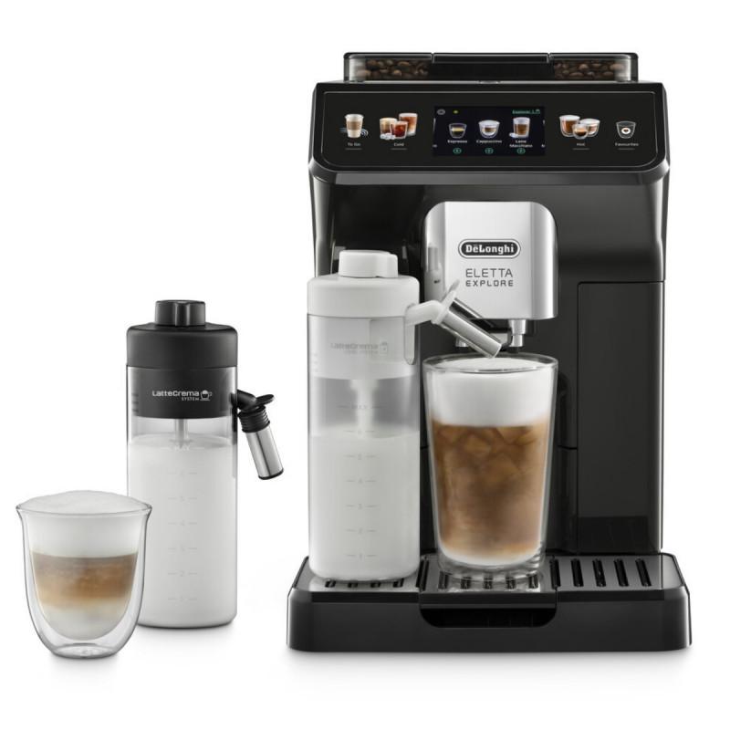 Кафеавтомат DeLonghi Eletta Explore ECAM450.65.G, 1450W, 19 bar, 1.8l, Wi-Fi, Сензорен TFT дисплей, LatteCrema hot/cool, Twin Shot, To-Go, +Мляно кафе, Черен/сив