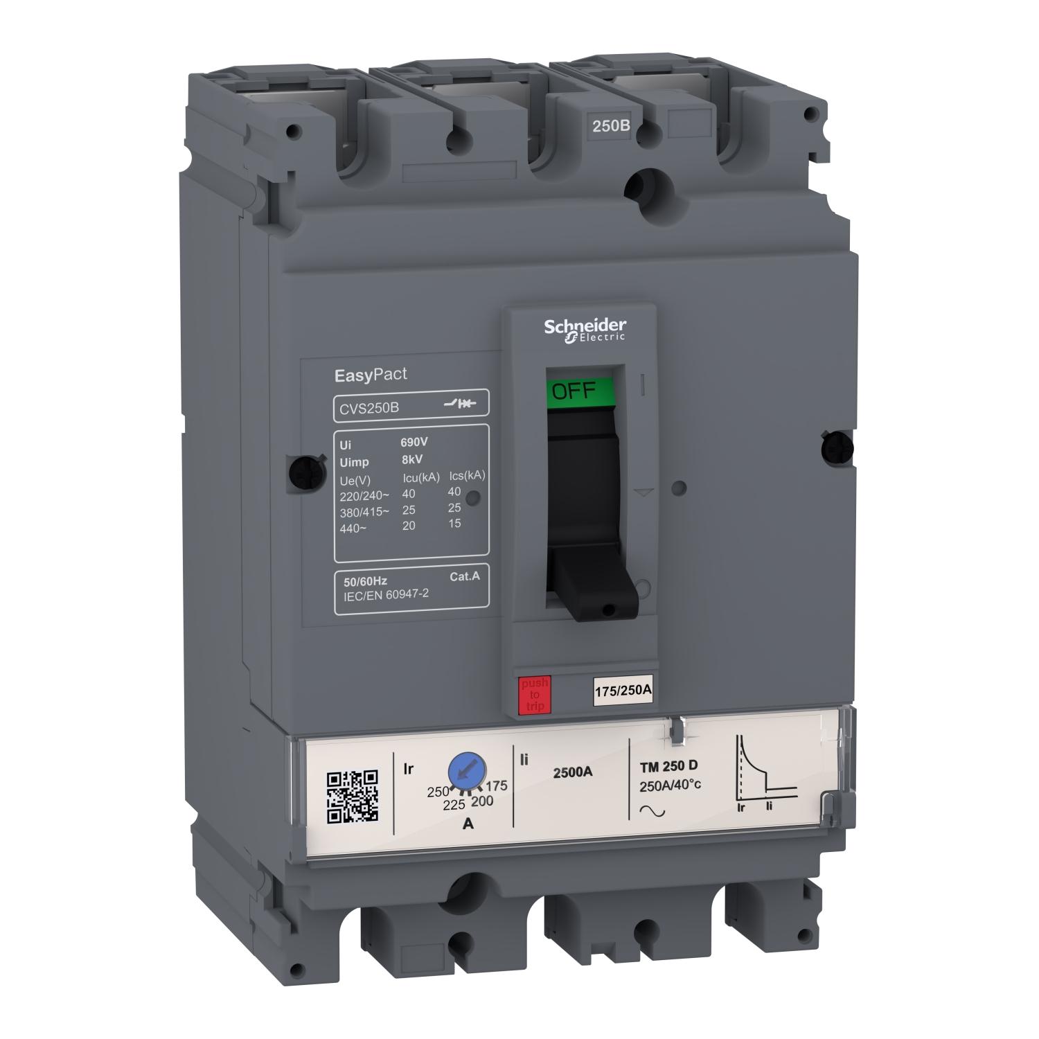 Прекъсвач EasyPact CVS250B, 25 kA, 415 VAC, 200 A номинален, термомагнитно TM-D изключващо у-во, 3P 3d - SCHNEIDER ELECTRIC EasyPact CVS LV525302 | JAR Computers Прекъсвач EasyPact CVS250B, 25 kA, 415 VAC, 200 A номинален, термомагнитно TM-D изключващо у-во, 3P 3d - SCHNEIDER ELECTRIC EasyPact CVS LV525302