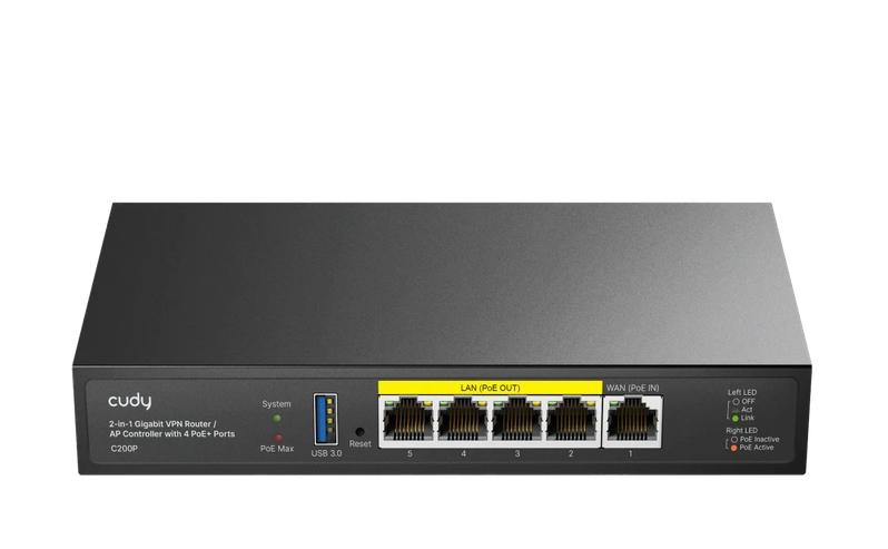 Cudy C200P 2-IN-1 AP Controller, 1 Gigabit Ethernet + 4 Gigabit PoE+ PSE Ports + 1 USB 3.0, PSE output up to 30Watts per port | JAR Computers Cudy C200P 2-IN-1 AP Controller, 1 Gigabit Ethernet + 4 Gigabit PoE+ PSE Ports + 1 USB 3.0, PSE output up to 30Watts per port