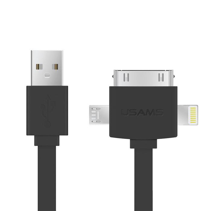 Захранващ и/или синхронизиращ плосък кабел за iPad, iPhone, Samsung и други устройства - USAMS 3in1 Flat cable (черен) | JAR Computers Захранващ и/или синхронизиращ плосък кабел за iPad, iPhone, Samsung и други устройства - USAMS 3in1 Flat cable (черен)
