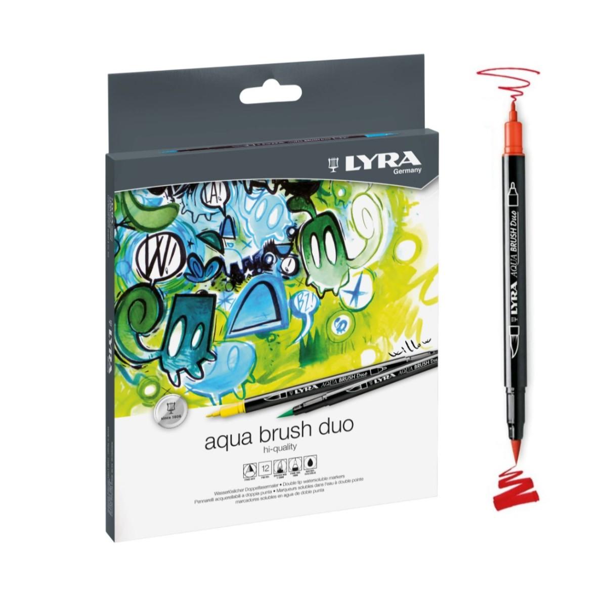 Акварелни двувърхи маркери LYRA aqua brush duo, объл връх и четка, 12 цвята | JAR Computers Акварелни двувърхи маркери LYRA aqua brush duo, объл връх и четка, 12 цвята