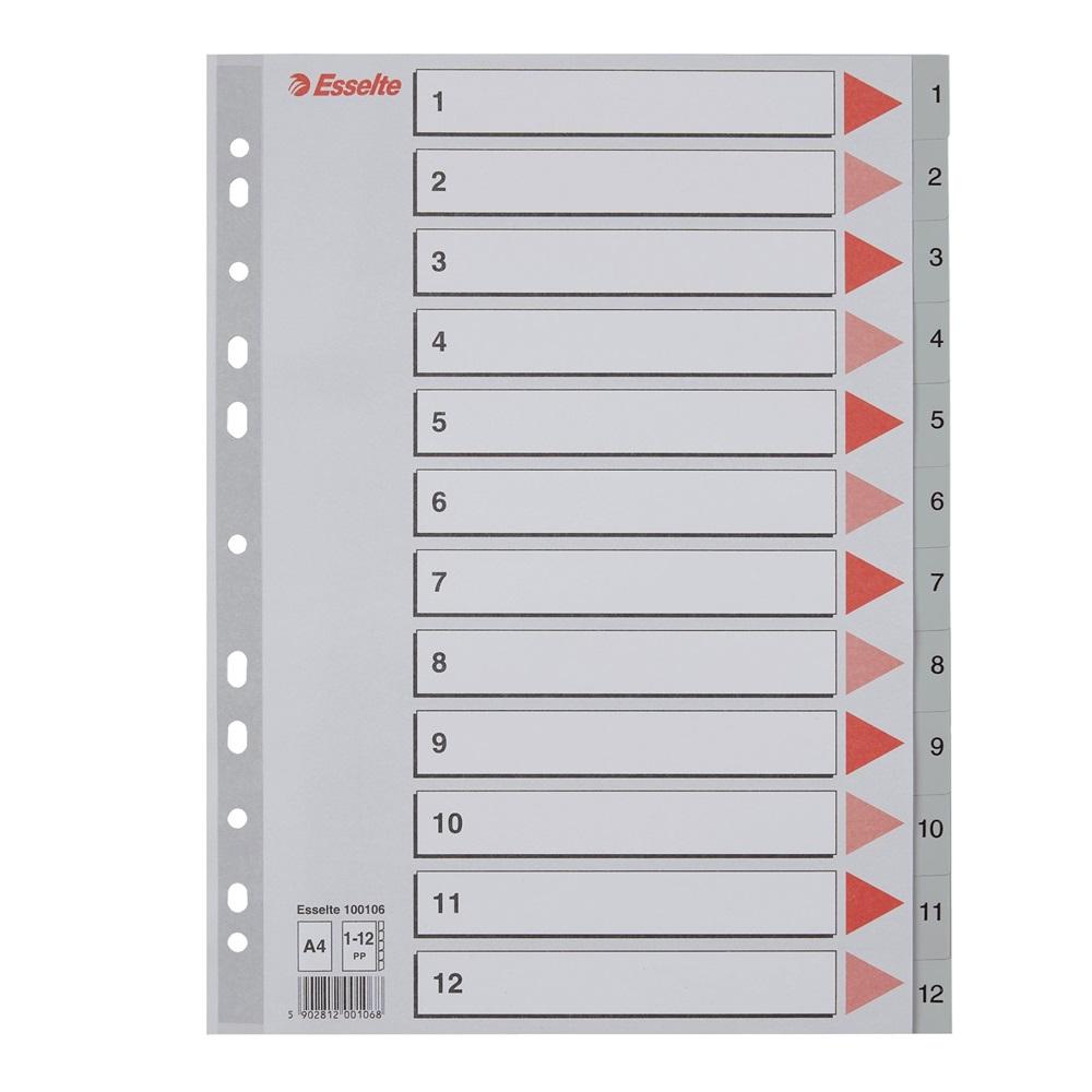 Разделител Esselte, 1-12, PP 120 mic, A4, сив, подсилена европерфорация, лицева страница | JAR Computers Разделител Esselte, 1-12, PP 120 mic, A4, сив, подсилена европерфорация, лицева страница