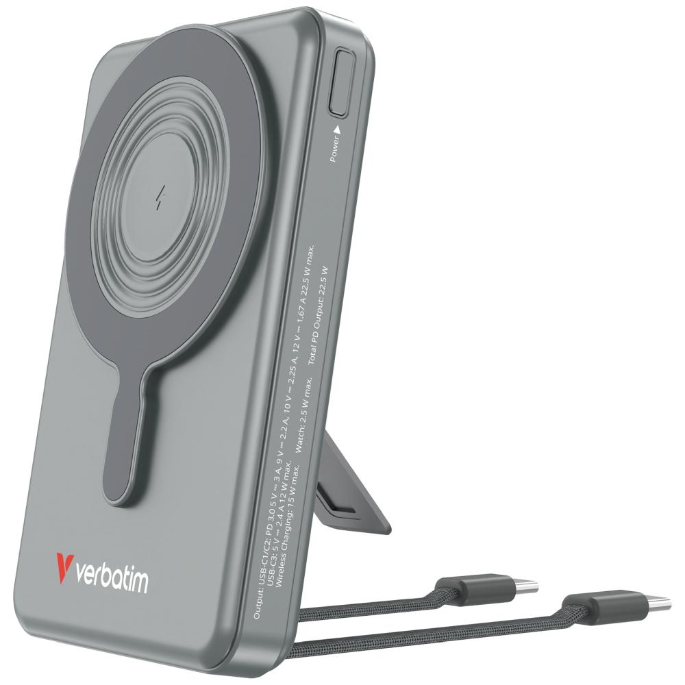 Verbatim Power Bank Magnetic Wireless 10.000 mAh C+C Display Grey | JAR Computers Verbatim Power Bank Magnetic Wireless 10.000 mAh C+C Display Grey