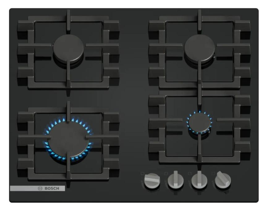 Bosch PNN6B6K40, SER4, Gas hob, 4 zones, 9 power levels, FlameSelect new, Easy cleaning, metal knobs, black, 60cm | JAR Computers Bosch PNN6B6K40, SER4, Gas hob, 4 zones, 9 power levels, FlameSelect new, Easy cleaning, metal knobs, black, 60cm