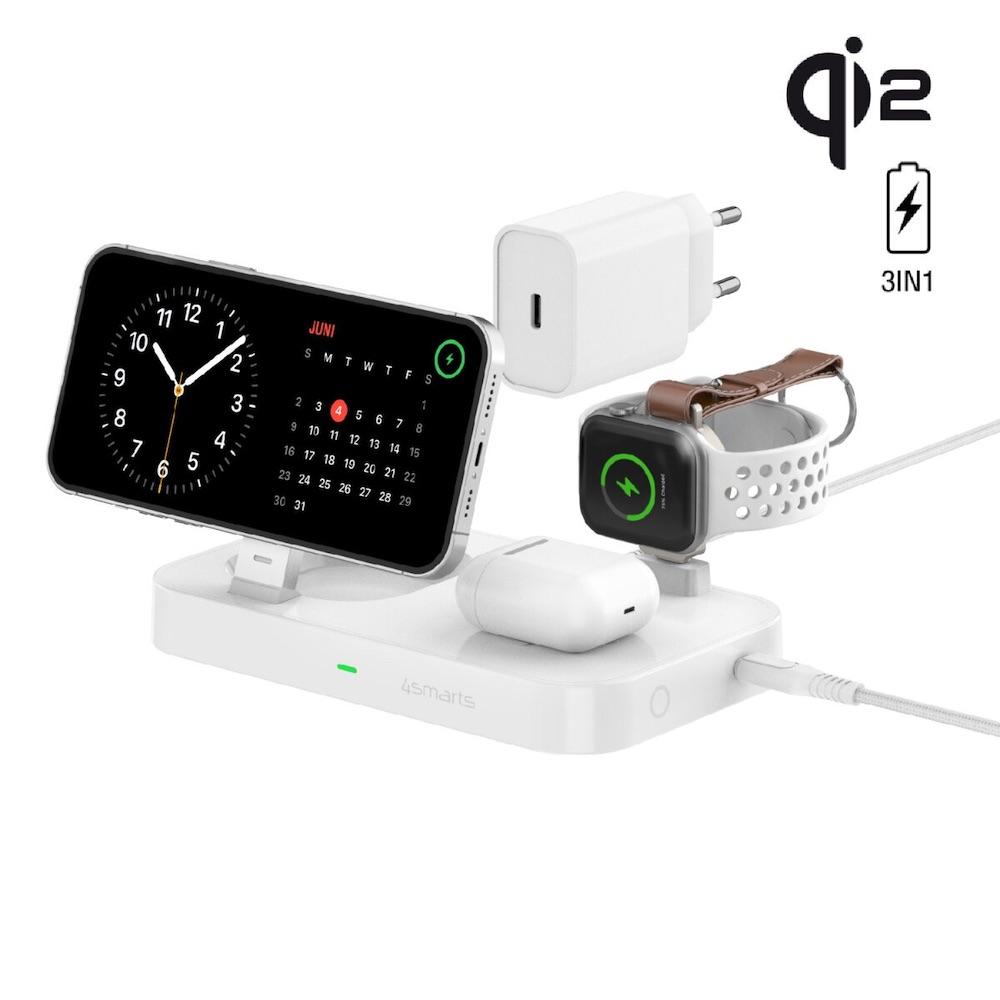 Тройна поставка (пад) за безжично зареждане за iPhone с MagSafe, Apple Watch, AirPods Pro и Qi съвместими мобилни устройства - 4smarts Qi2 Charging Station Trident With Apple Watch Charger (бял) | JAR Computers Тройна поставка (пад) за безжично зареждане за iPhone с MagSafe, Apple Watch, AirPods Pro и Qi съвместими мобилни устройства - 4smarts Qi2 Charging Station Trident With Apple Watch Charger (бял)