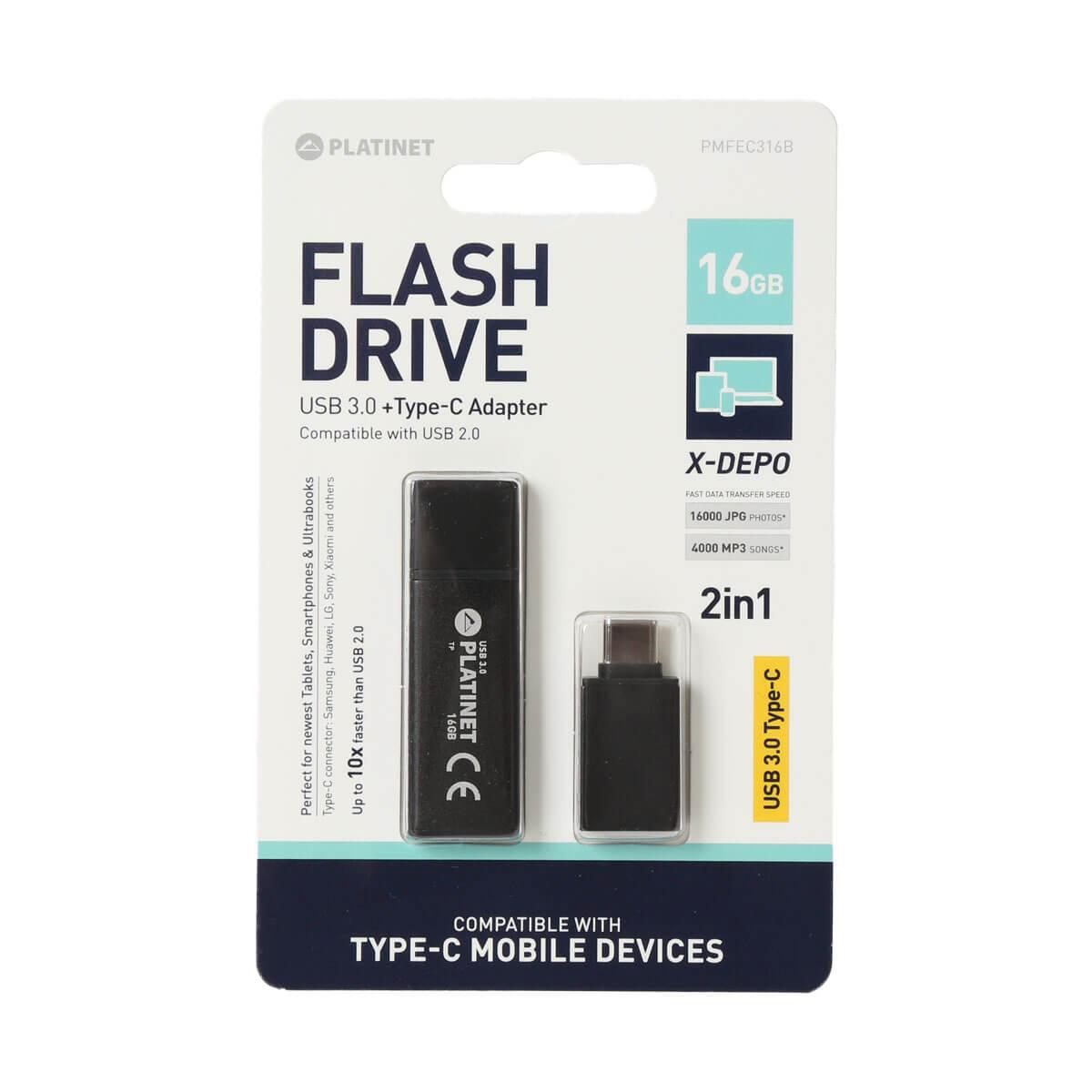 Флаш памет 16GB с USB-C адаптер - Platinet Pendrive USB 3.0 X-Depo 16GB + USB-C Adapter (черен) | JAR Computers Флаш памет 16GB с USB-C адаптер - Platinet Pendrive USB 3.0 X-Depo 16GB + USB-C Adapter (черен)