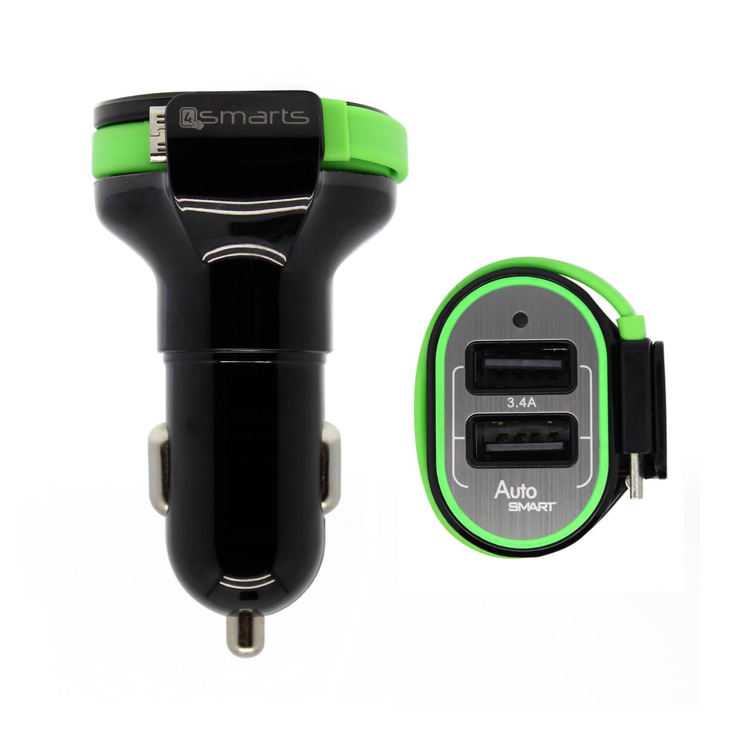 Зарядно за кола с вграден MicroUSB кабел и 2 USB изхода за смартфони и таблети - 4smarts MultiPort Dual USB & Micro USB Car Charger 3.4A (черен-зелен) | JAR Computers Зарядно за кола с вграден MicroUSB кабел и 2 USB изхода за смартфони и таблети - 4smarts MultiPort Dual USB & Micro USB Car Charger 3.4A (черен-зелен)