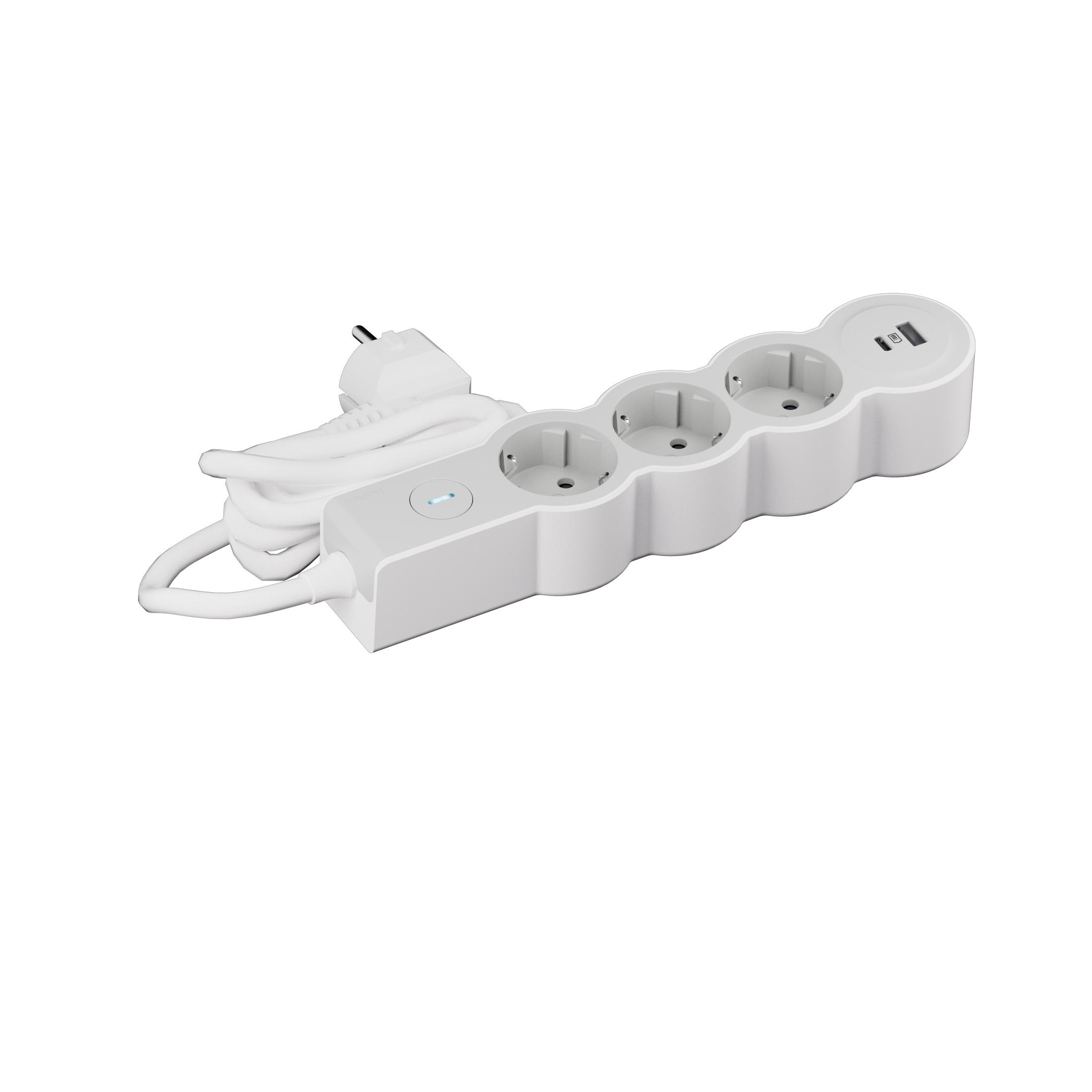 694424 Разклонител шуко 3X2P+E, USB A+C, защита, кабел 1,5 м, бял/сив, Legrand