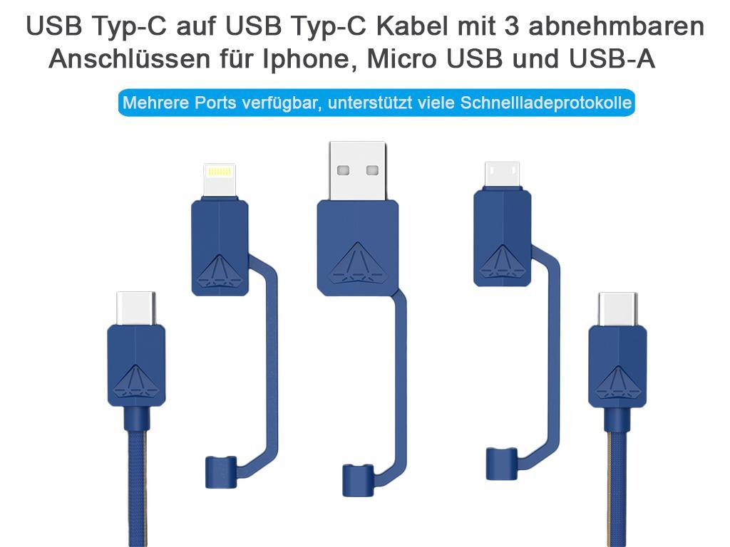 Комбиниран кабел за бързо зареждане Type-C- Micro USB/ Lightning/ USB-A син цвят   PDC-3  XTAR