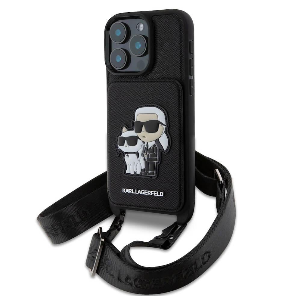 Дизайнерски кожен кейс с връзка за носене за iPhone 16 Prо Max - Karl Lagerfeld Saffiano Crossbody Karl and Choupette Case (черен) | JAR Computers Дизайнерски кожен кейс с връзка за носене за iPhone 16 Prо Max - Karl Lagerfeld Saffiano Crossbody Karl and Choupette Case (черен)