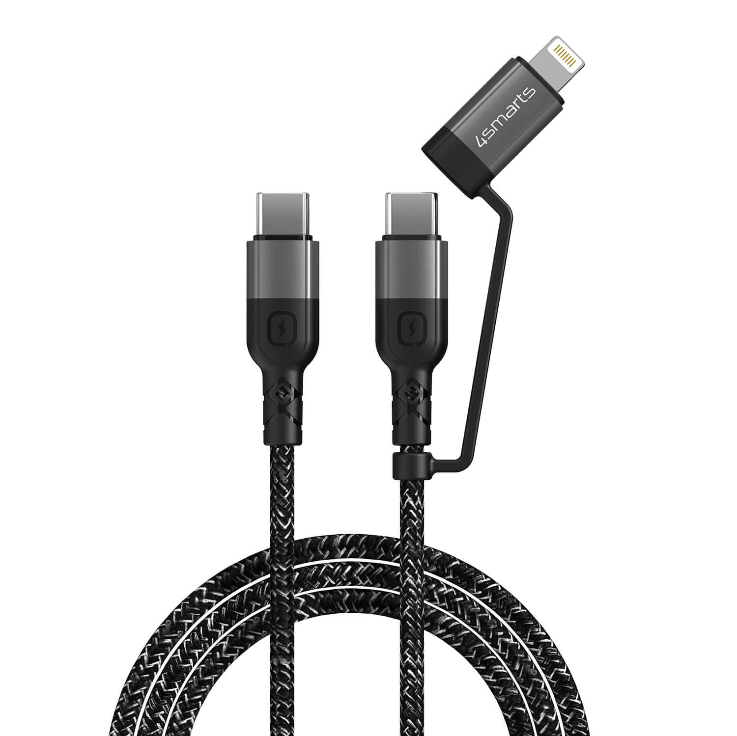 Качествен многофункционален кабел USB-C към USB-C или Lightning (300 см) - 4smarts ComboCord CL USB-C to USB-C and Lightning Cable (черен) | JAR Computers Качествен многофункционален кабел USB-C към USB-C или Lightning (300 см) - 4smarts ComboCord CL USB-C to USB-C and Lightning Cable (черен)