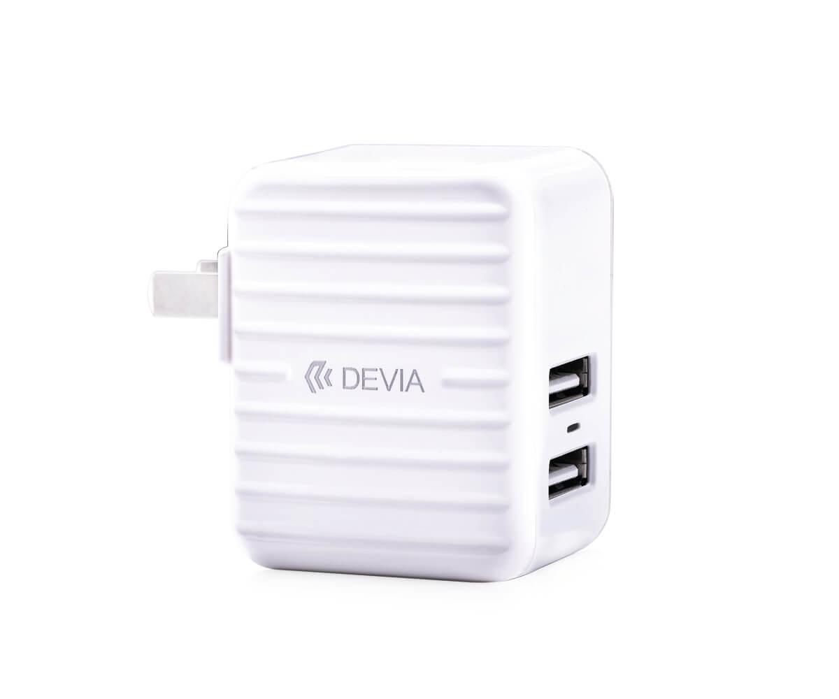Захранване за ел. мрежа с 2xUSB изхода (2.4 ампера) - Devia Valiant Travel Charger (бял) | JAR Computers Захранване за ел. мрежа с 2xUSB изхода (2.4 ампера) - Devia Valiant Travel Charger (бял)