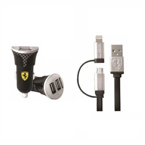 2xUSB зарядно за кола със сертифициран Lightning и MicroUSB кабел - Ferrari Car Charge (2.1A) with Lightning MFI and MicroUSB cable (черен) | JAR Computers 2xUSB зарядно за кола със сертифициран Lightning и MicroUSB кабел - Ferrari Car Charge (2.1A) with Lightning MFI and MicroUSB cable (черен)
