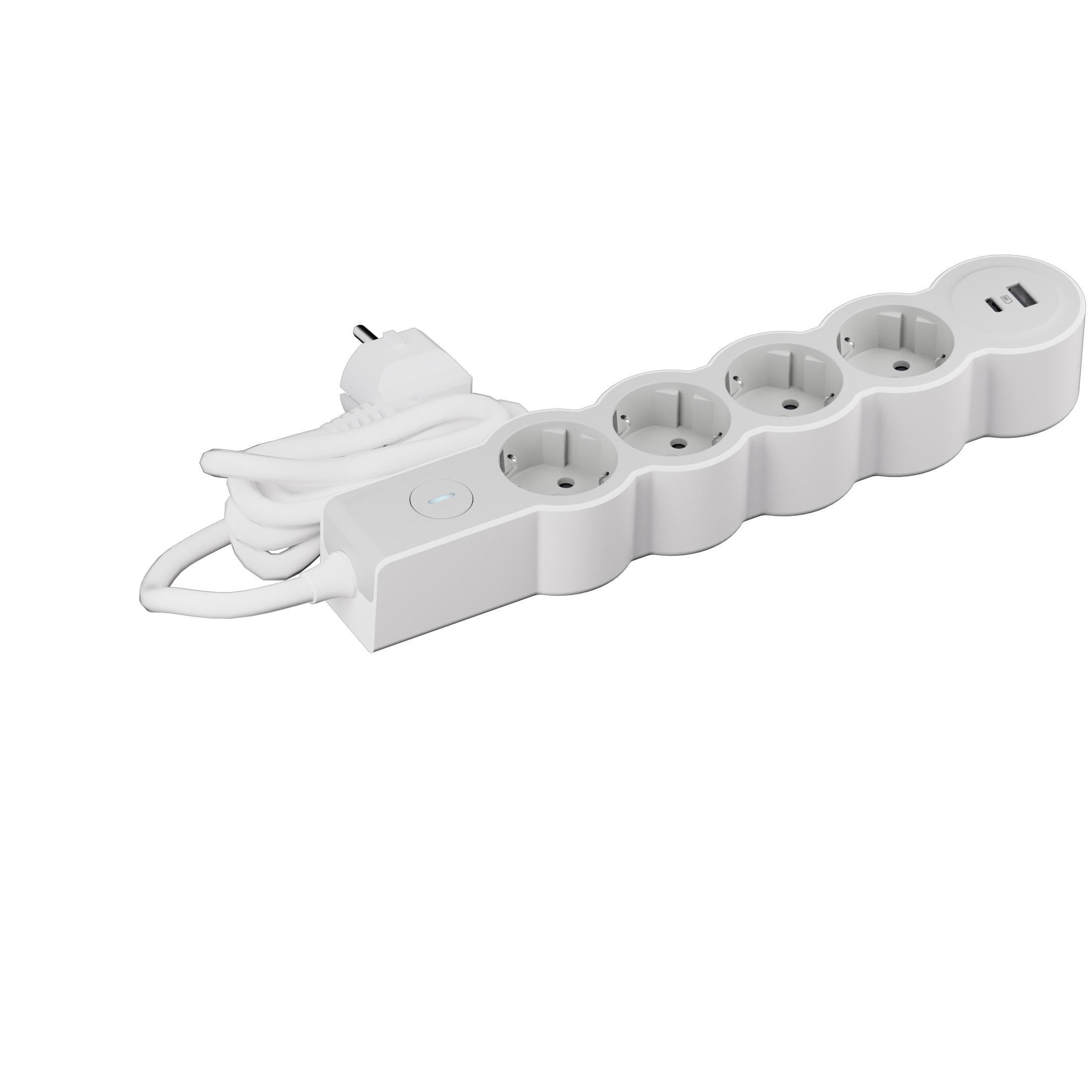 694426 Разклонител шуко 4X2P+E, USB A+C, защита, кабел 1,5 м, бял/сив, Legrand