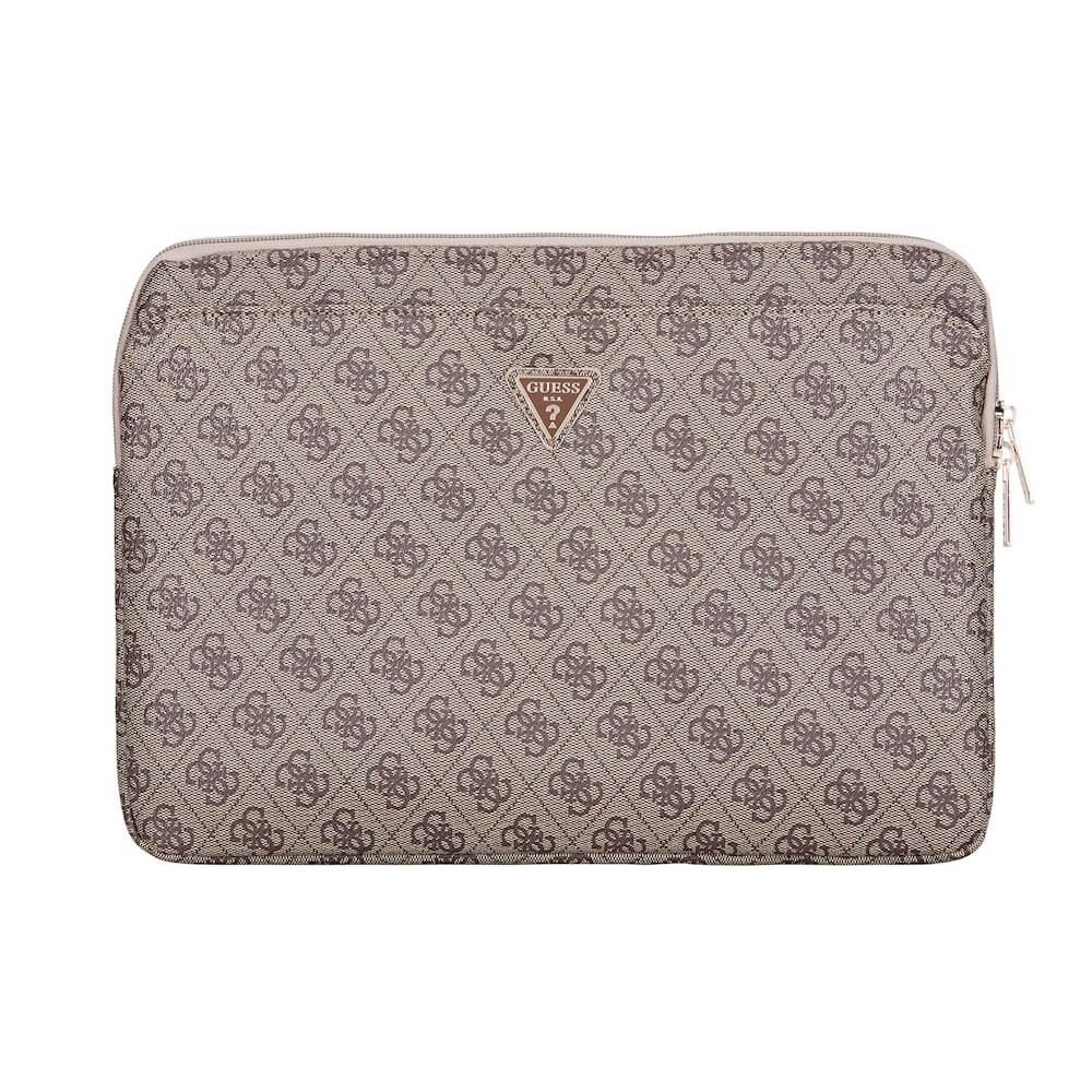 Guess PU 4G Triangle Logo Sleeve 14 - дизайнерски луксозен кожен калъф за MacBook Air 13, MacBook Pro 13, MacBook Pro 14 и лаптопи до 14 инча (кафяв)