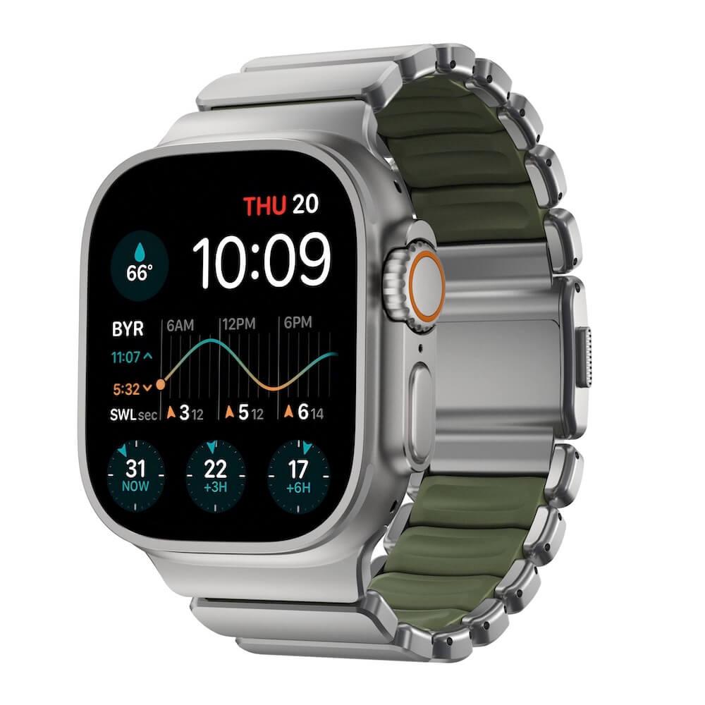 Титаниева каишка за Apple Watch 44мм, 45мм, 46мм, Ultra, Ultra 2, Ultra 3 49мм - Nomad Stratos FKM Band Natural Titanium Forest Green (сребрист-зелен) | JAR Computers Титаниева каишка за Apple Watch 44мм, 45мм, 46мм, Ultra, Ultra 2, Ultra 3 49мм - Nomad Stratos FKM Band Natural Titanium Forest Green (сребрист-зелен)