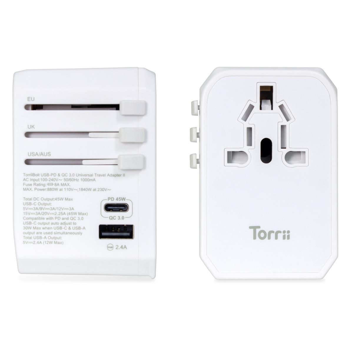 Захранване с 3 USB изхода, USB-C, QC 3.0, PD и преходници за цял свят (бял) - Torrii TorriiBolt USB PD and QC 3.0 45W Universal Travel Adapter II | JAR Computers Захранване с 3 USB изхода, USB-C, QC 3.0, PD и преходници за цял свят (бял) - Torrii TorriiBolt USB PD and QC 3.0 45W Universal Travel Adapter II