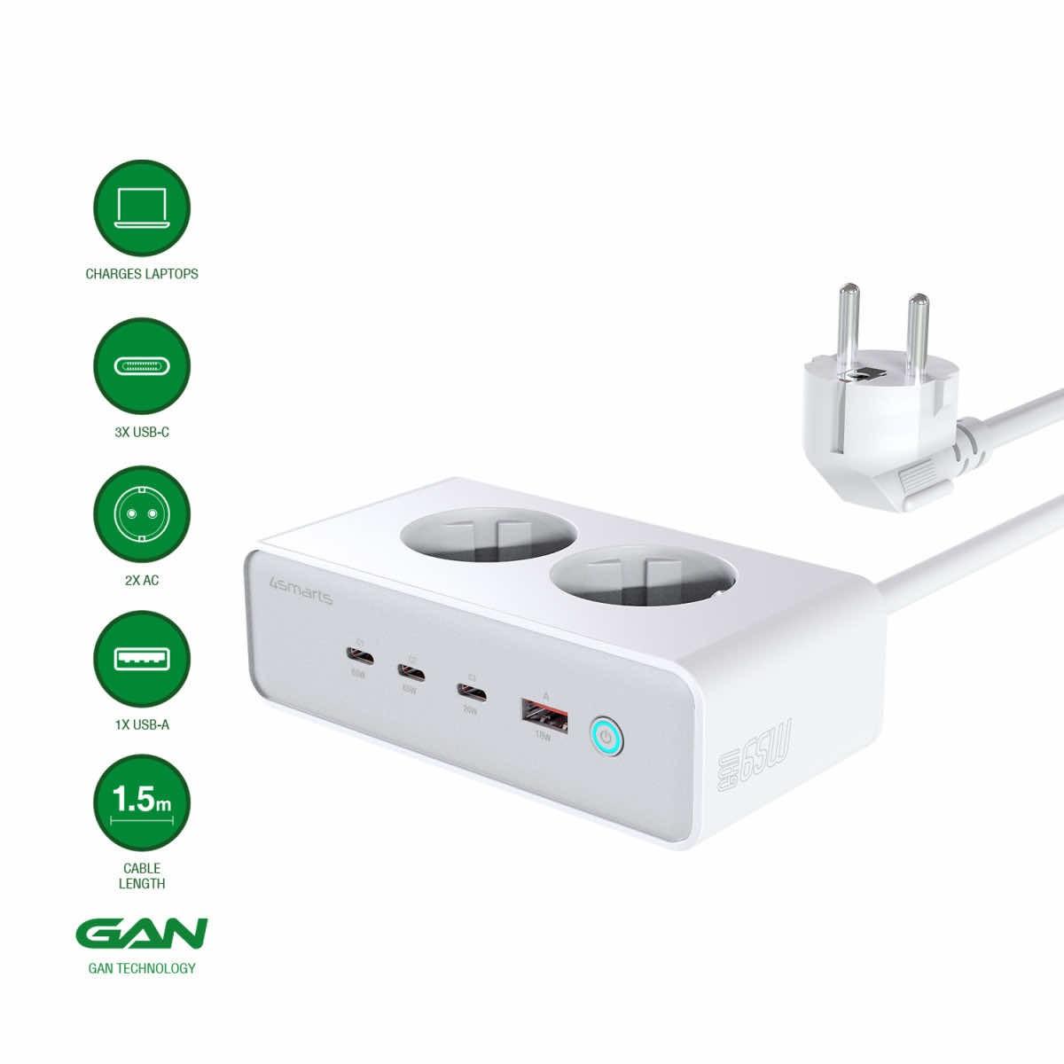 4Smarts Desk Charger GaN 65W with AC Sockets - разклонител с 2xAC контакта и захранване с 3хUSB-C и 1хUSB-A портове за мобилни устройства (бял)