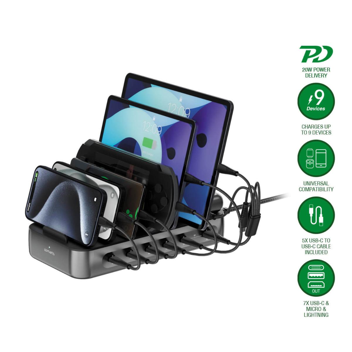 Док станция с 5xUSB-C гнезда и 4в1 кабел за зареждане на таблети и смартфони - 4smarts Team Charging Station 5C/1A 100W (тъмносин) | JAR Computers Док станция с 5xUSB-C гнезда и 4в1 кабел за зареждане на таблети и смартфони - 4smarts Team Charging Station 5C/1A 100W (тъмносин)