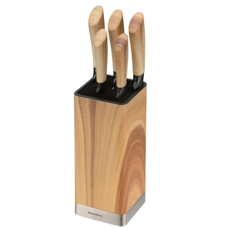Комплект кухненски ножове Klausberg KB 9035, 6 ч, Неръждаема стомана, Стойка, Кафяв