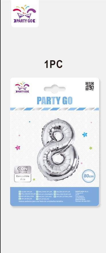 Фолиев балон PartyGo, 80см, сребърен, цифра 8 | JAR Computers Фолиев балон PartyGo, 80см, сребърен, цифра 8