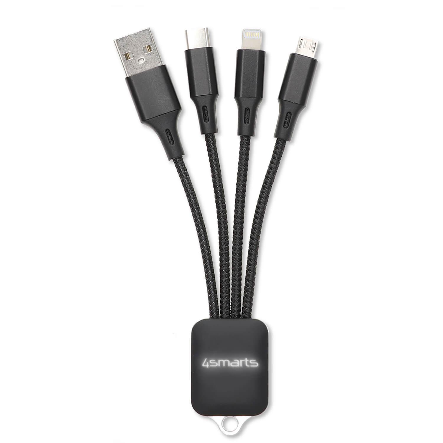 Качествен светещ многофункционален кабел за microUSB, Lightning и USB-C стандарти (6см) - 4smarts 3in1 Cable GlowCord 6cm fabric (черен) | JAR Computers Качествен светещ многофункционален кабел за microUSB, Lightning и USB-C стандарти (6см) - 4smarts 3in1 Cable GlowCord 6cm fabric (черен)