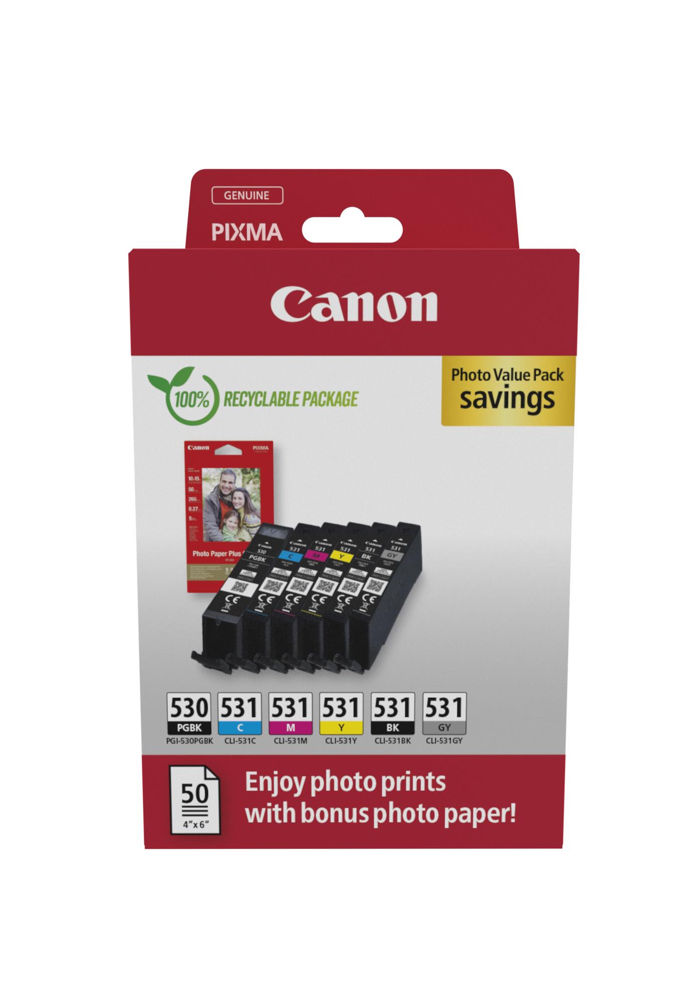 Комплект 6 глави и 50 броя фотохартия за Canon Pixma TS8550/TS8750/TS8700 Series - Ink - PGI530 (PGI-530) / CLI531 (CLI-531) / 6117C004 - BK/C/M/Y/GY - Multipack - PN 6117C004 | JAR Computers Комплект 6 глави и 50 броя фотохартия за Canon Pixma TS8550/TS8750/TS8700 Series - Ink - PGI530 (PGI-530) / CLI531 (CLI-531) / 6117C004 - BK/C/M/Y/GY - Multipack - PN 6117C004